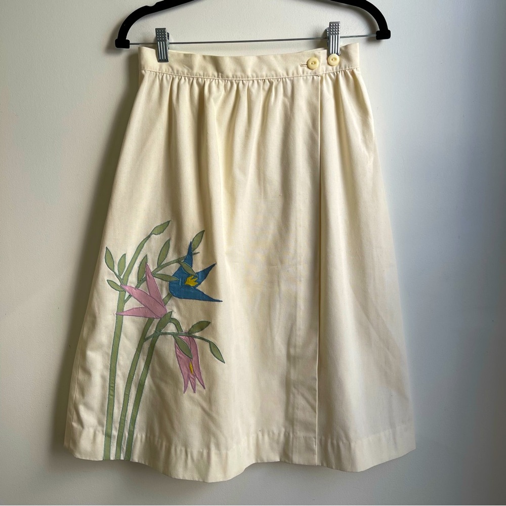 Bespoke Vintage Ivory Circle Skirt Pink Blue Floral Appliqué Adjustable Small